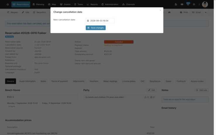 Edit cancellation date reservation system