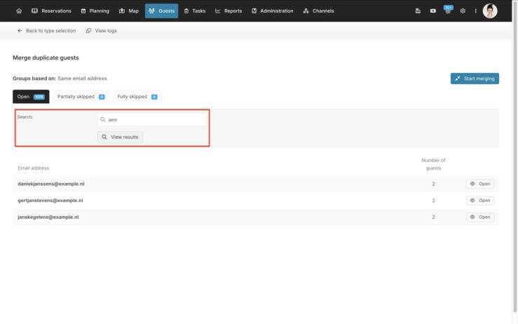Booking system searchfilter merge duplicate guests