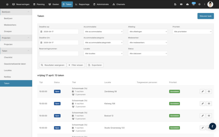 Online reserveringssysteem taken inplannen overzicht 1