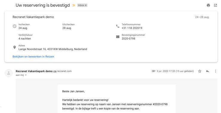 Online reserveringssyteem reserveringsbevestiging