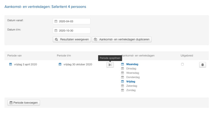 Online reserveringsssyteem aankomst en vertrekdagen