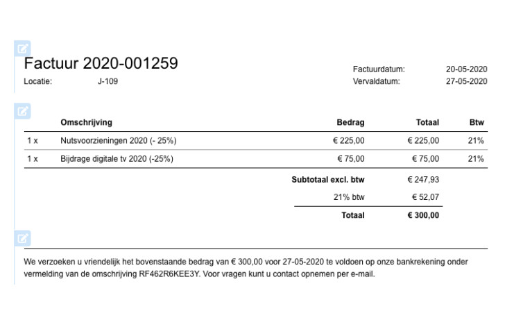 Online reserveringsssyteem factuur
