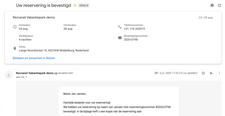 Online reserveringssyteem reserveringsbevestiging